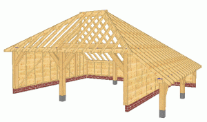 3D CAD design drawing of a 2 bay timber framed garage with side storage