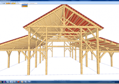 3D CAD specialist timber construction drawing of an aisled American style timber barn