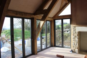 green oak timber frame in a new build house extension