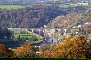 looking down the tamar river at the calstock railway bridge, the 18th Century Prospect Tower folly on the Cotehele Estate and danescombe valley